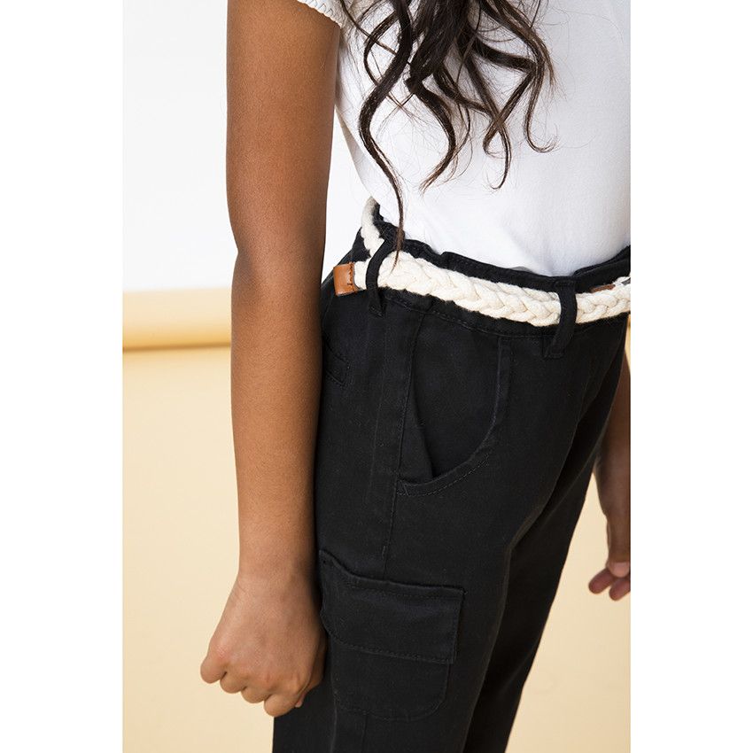 Pantalon twill cargo uni + ceinture tressée pour fille - Noir
