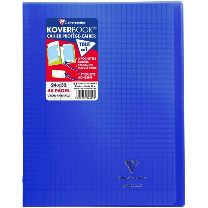 Cahier piqué Koverbook 24x32cm 48 pages grands carreaux couverture polypropylène transparent - Bleu marine