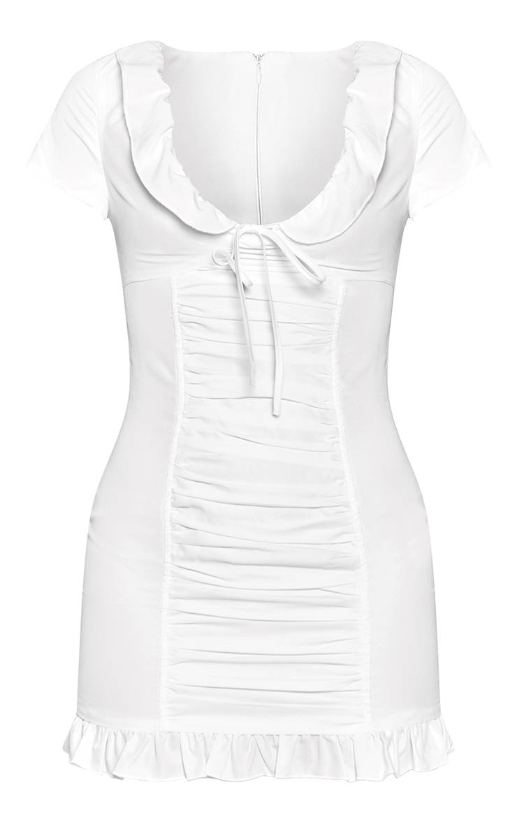 Blanc Robe Courte Ajustée À Manches Courtes Et Fronces Tissées