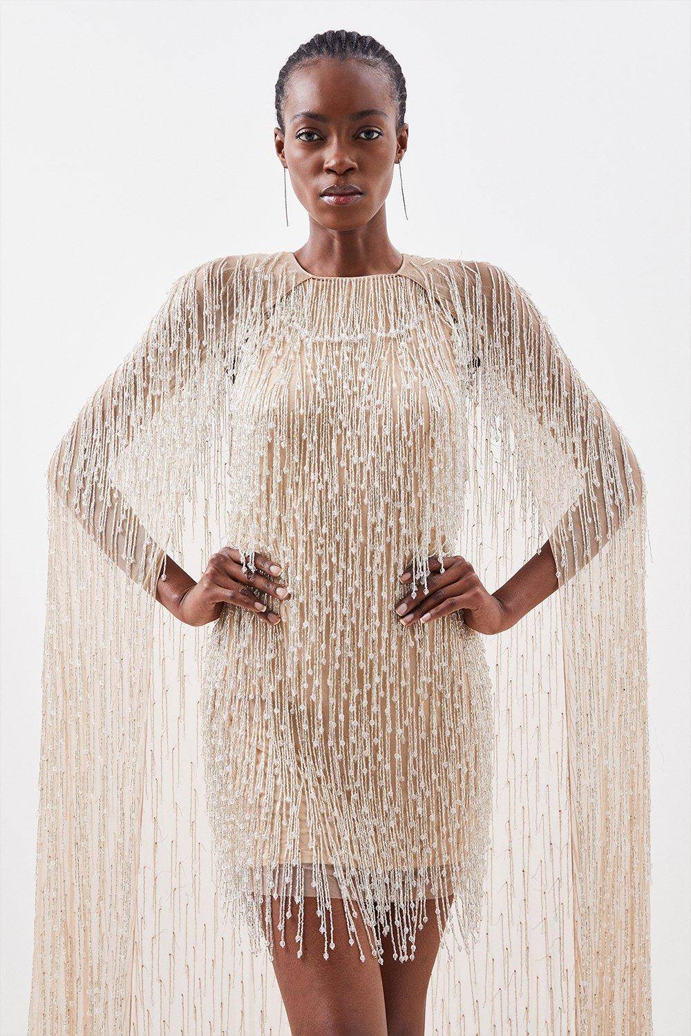 KarenMillen Robe Mini Tissée à Cape Ornée de Franges