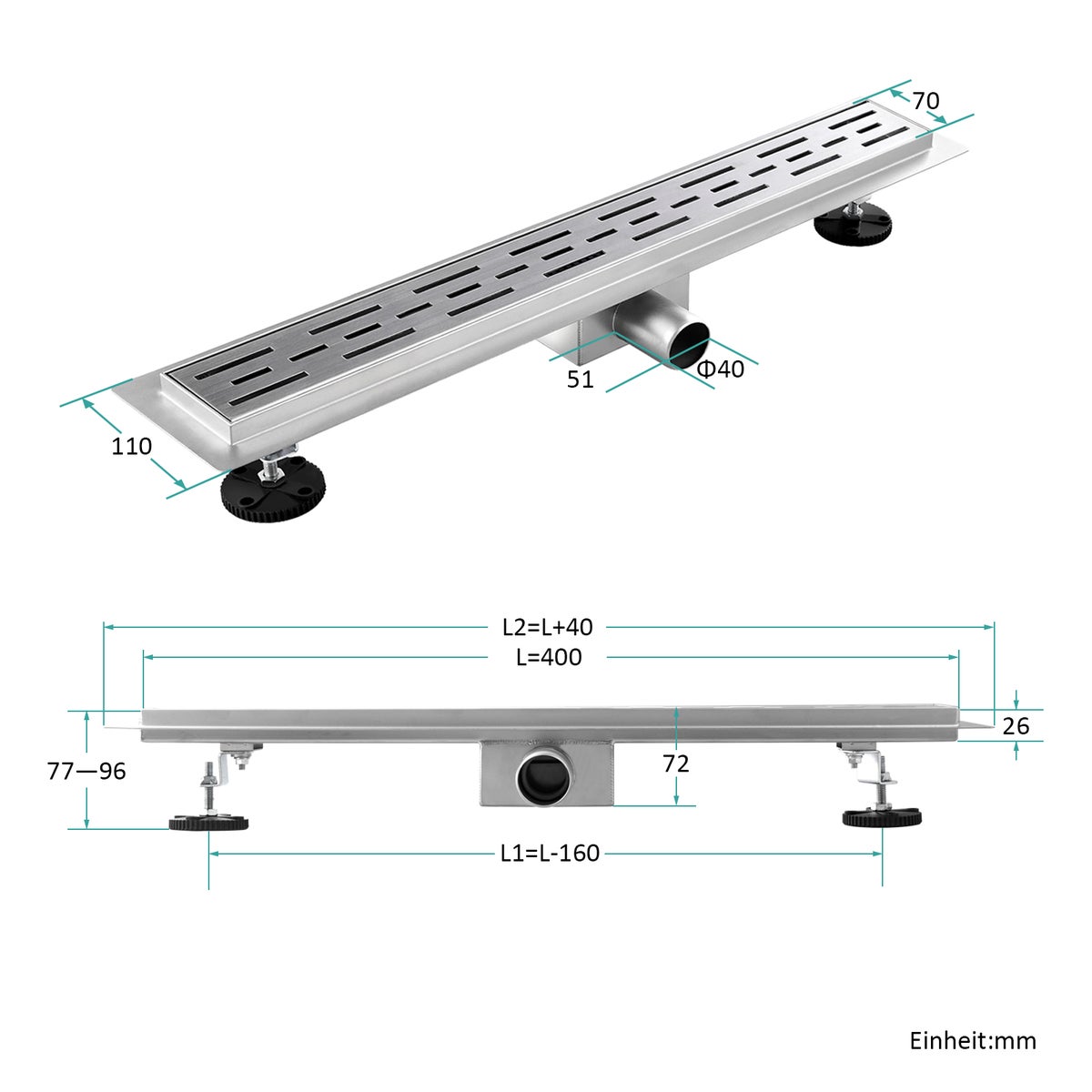 EMKE RVS Doucheafvoer 40cm Complete Set Vloerafvoer Douchesifon met Stankafsluiter en Haarfilter Randafvoer, Doucheafvoergoot Doucheafvoer voor Badkamer