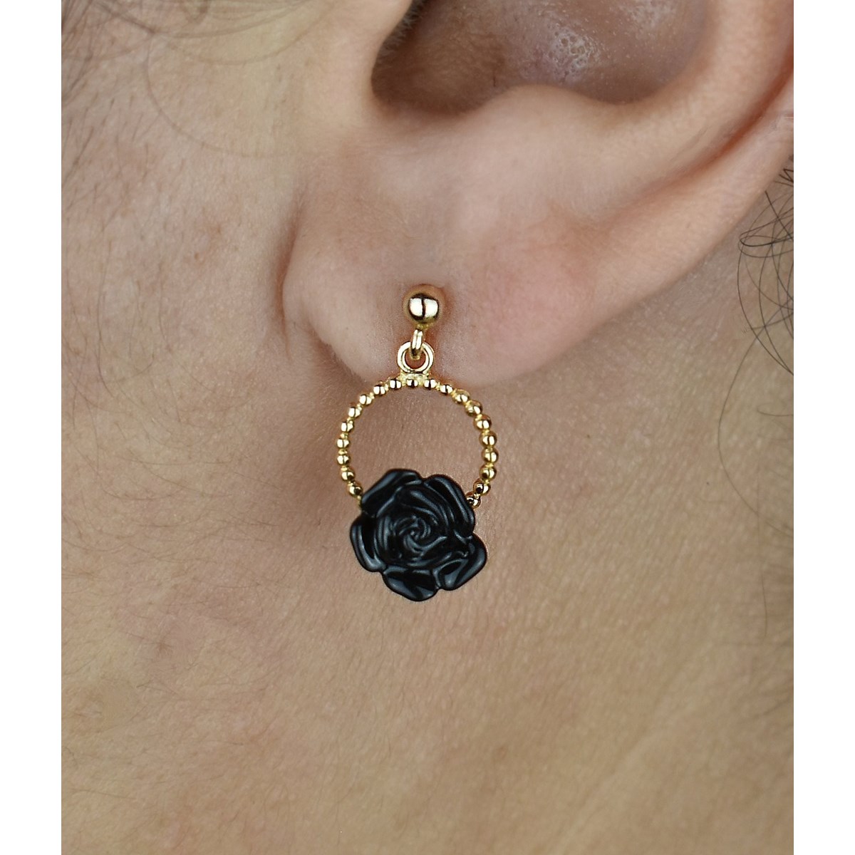 Boucles d'oreilles cercle de fleur rose en céramique noire Plaqué OR 750 3 microns