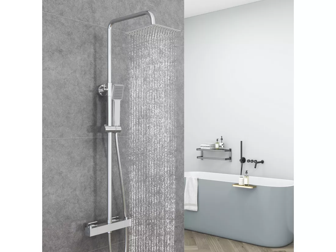 AICA Colonne de douche thermostatique, Acier inoxydable Pomme 200mm+Douchette 3 jets, Chromé