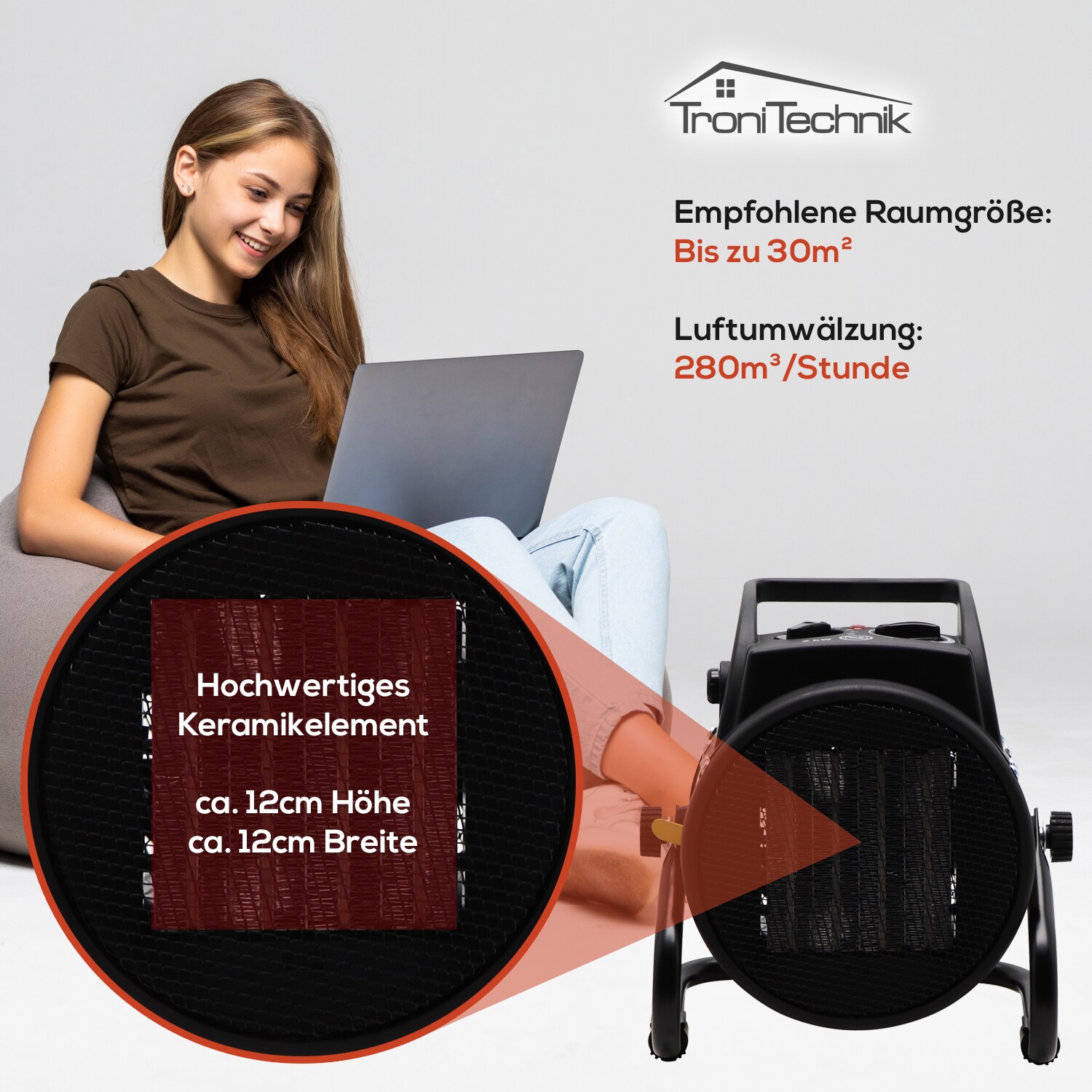 TroniTechnik® KH-503 Keramikheizer Heizlüfter Heizung 3.000 Watt, mit Tragegriff, PTC Keramik, stufenlose Thermosteuerung