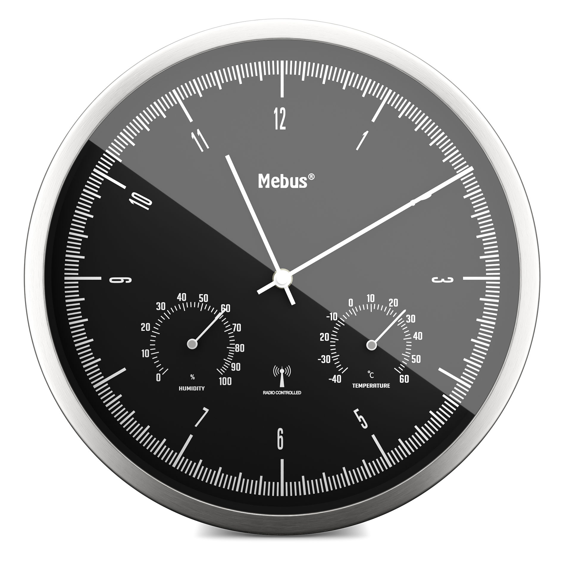 MEBUS Funk-Wanduhr - silber-schwarz - Thermo-/Hygrometer - Ø 25 cm