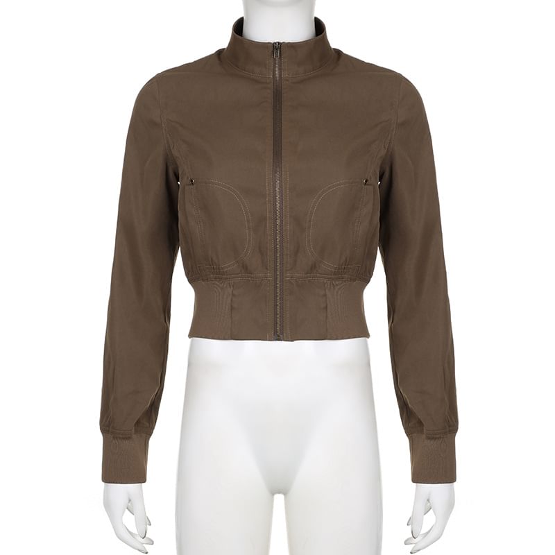 BrickBlack - Hoge kraag, effen cropped jack met rits