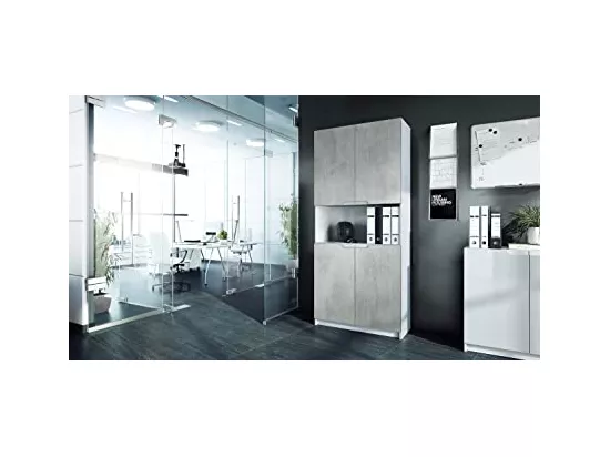Armoire de rangement avec 5 compartiments et 4 portes, blanc mat/aspet béton oxyde (82 x 184 x 37 cm)