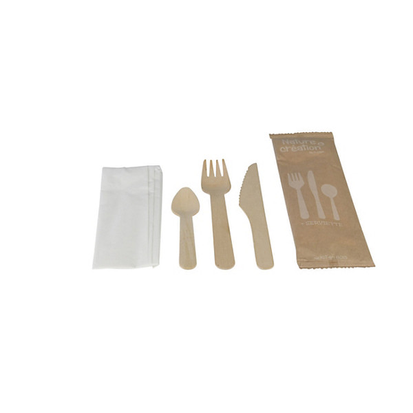 Couverts de table jetables en bois - Kit de 4 pièces - Lot de 250