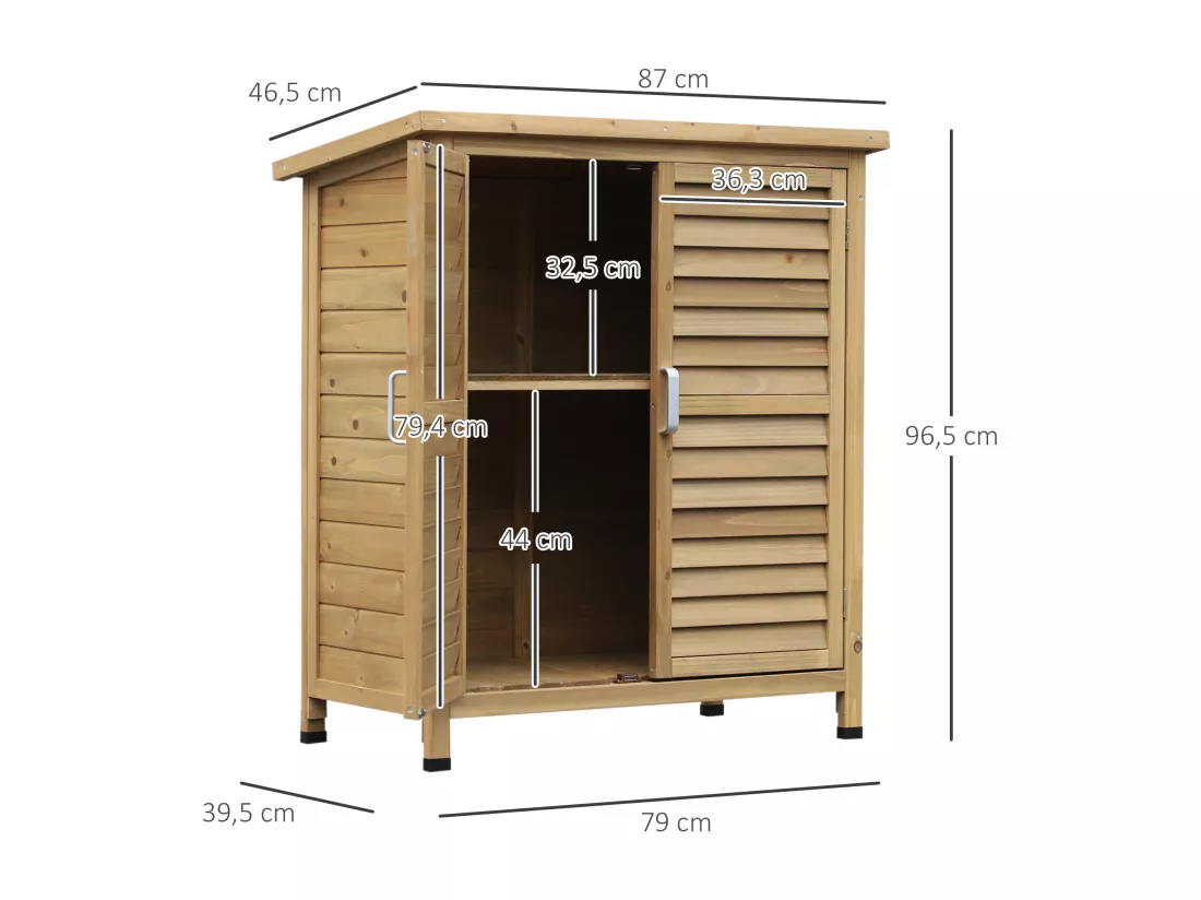 Armoire de jardin abri jardin remise pour outils sur pied dim. 87L x 46l x 96H cm étagère portes persiennes toit bitumé bois sapin autoclave vert