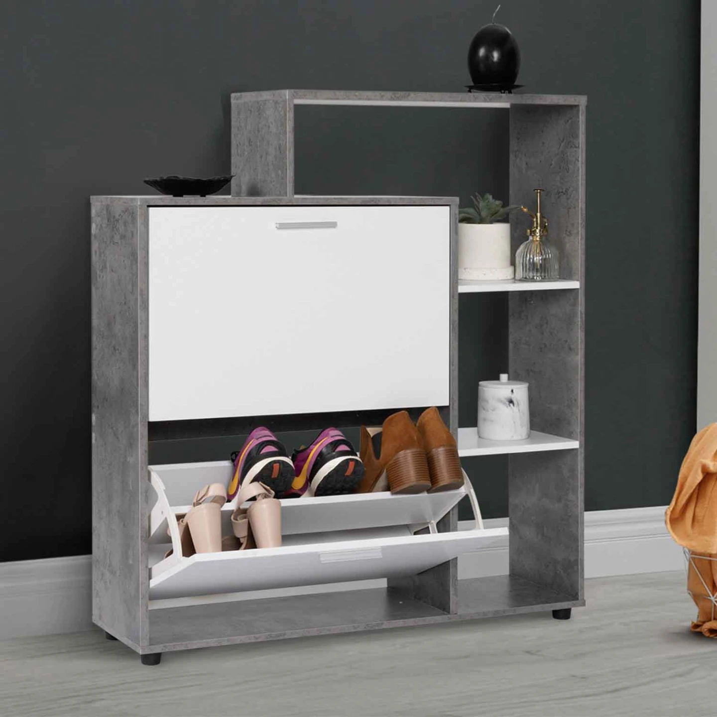 Meuble à chaussures 12 paires KLARK effet béton 2 portes blanches avec étagère
