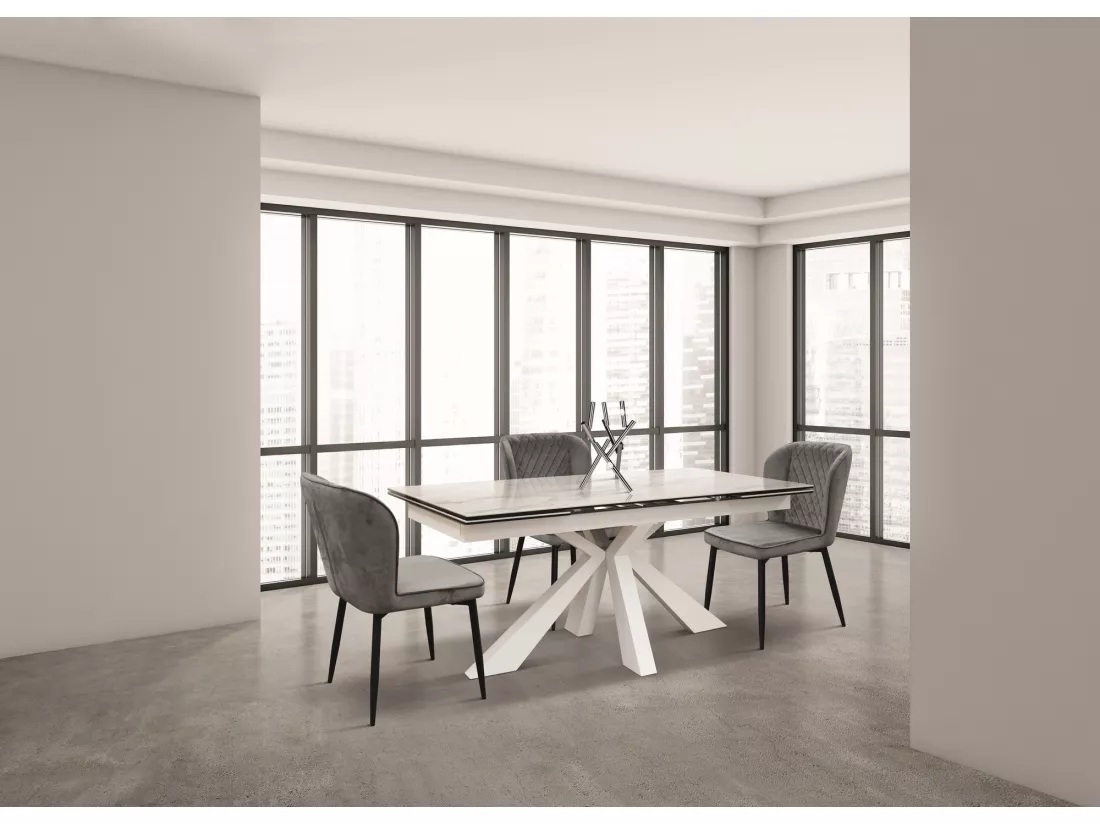 Table en vitrocéramique effet marbre, métal blanc, extensible 160x90 - BEVERLY HILLS