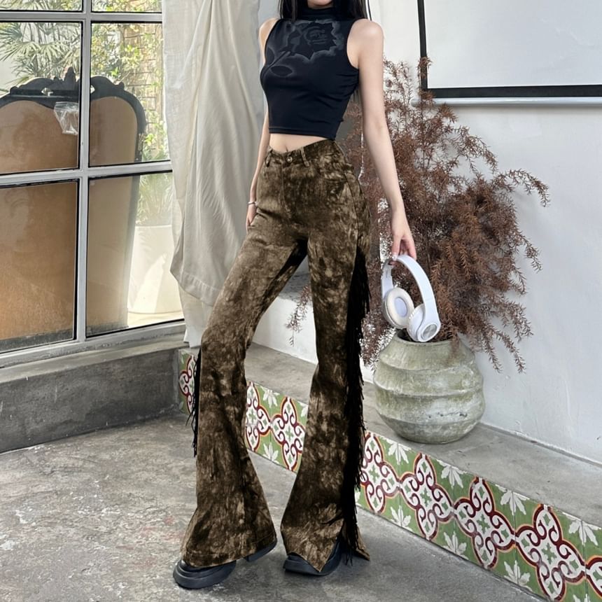 Kilokane - Hoge taille tie-dye broek met franjes en splitten