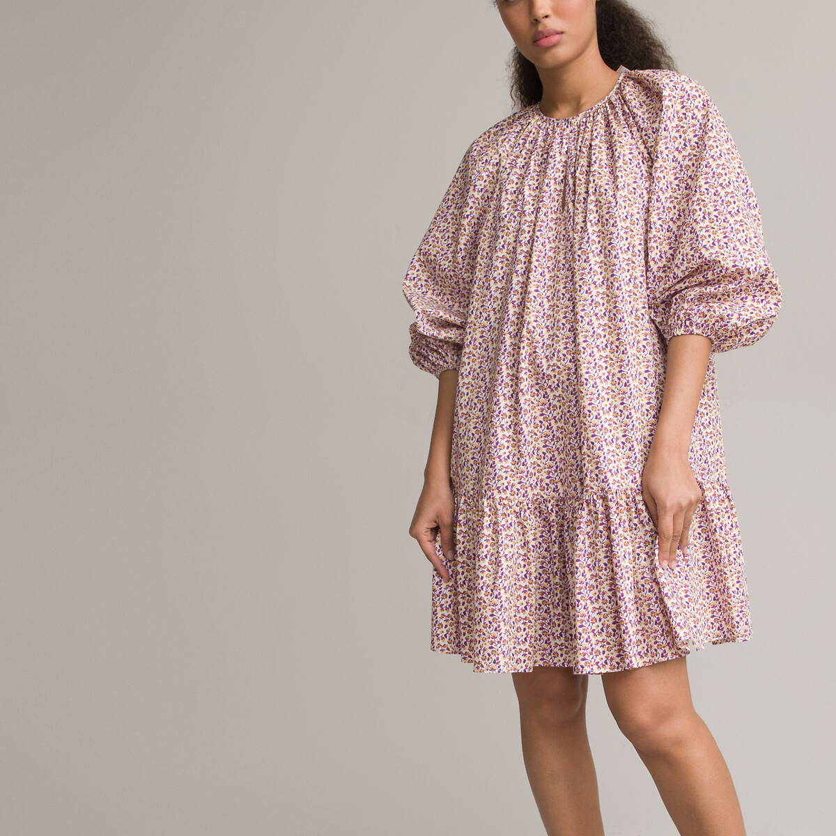 COLEÇÃO LA REDOUTE<br>Vestido com estampa de bandeira, decote redondo, mangas bufantes 3/4, estampado