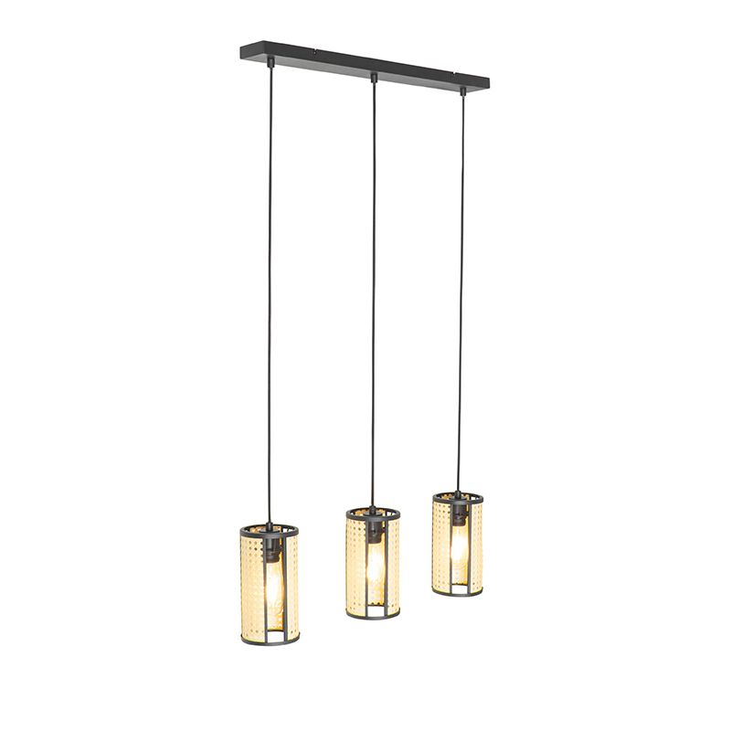 Oosterse hanglamp zwart met rotan 3-lichts langwerpig - Akira