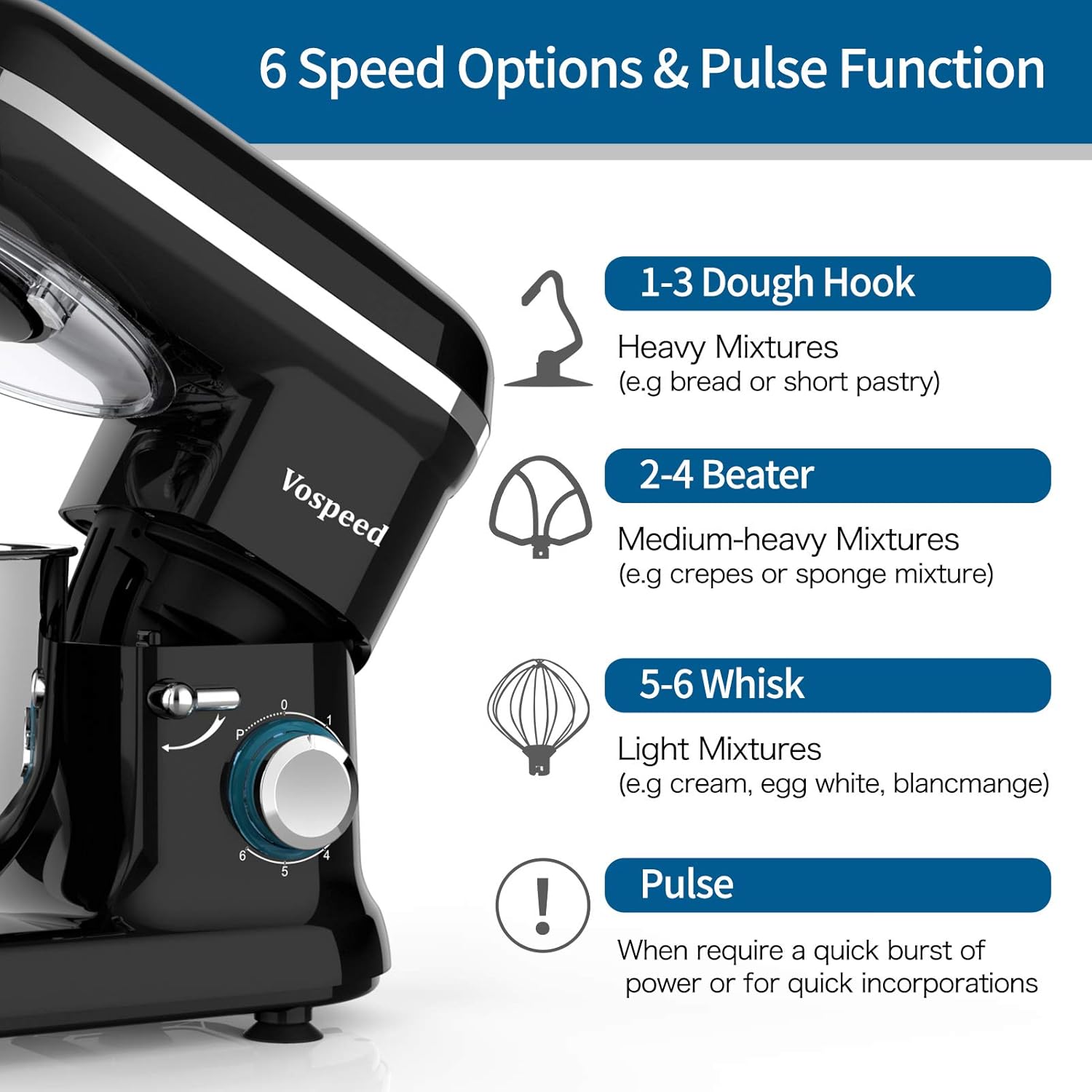 Vospeed Robot Patissier 1500W, 6QT Gateau Mélangeur lectrique Cuisine Avec Acier Inoxydable Bowl, Batteur, Crochet Pétrisseur, Fouet Pourcuisson, Lave-vaisselle (Noir)