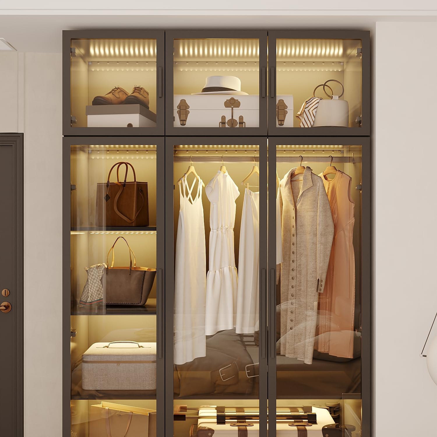 Caldion Kleiderschrank mit 3 LED-Beleuchtung, Glasschrank mit Kleiderstange, Aufbewahrungsschrank aus Hartglas, Glasvitrine mit 6 Türen, 8 Ablagen, Türrahmen aus Eisen, Schwarz, 120x48x190cm