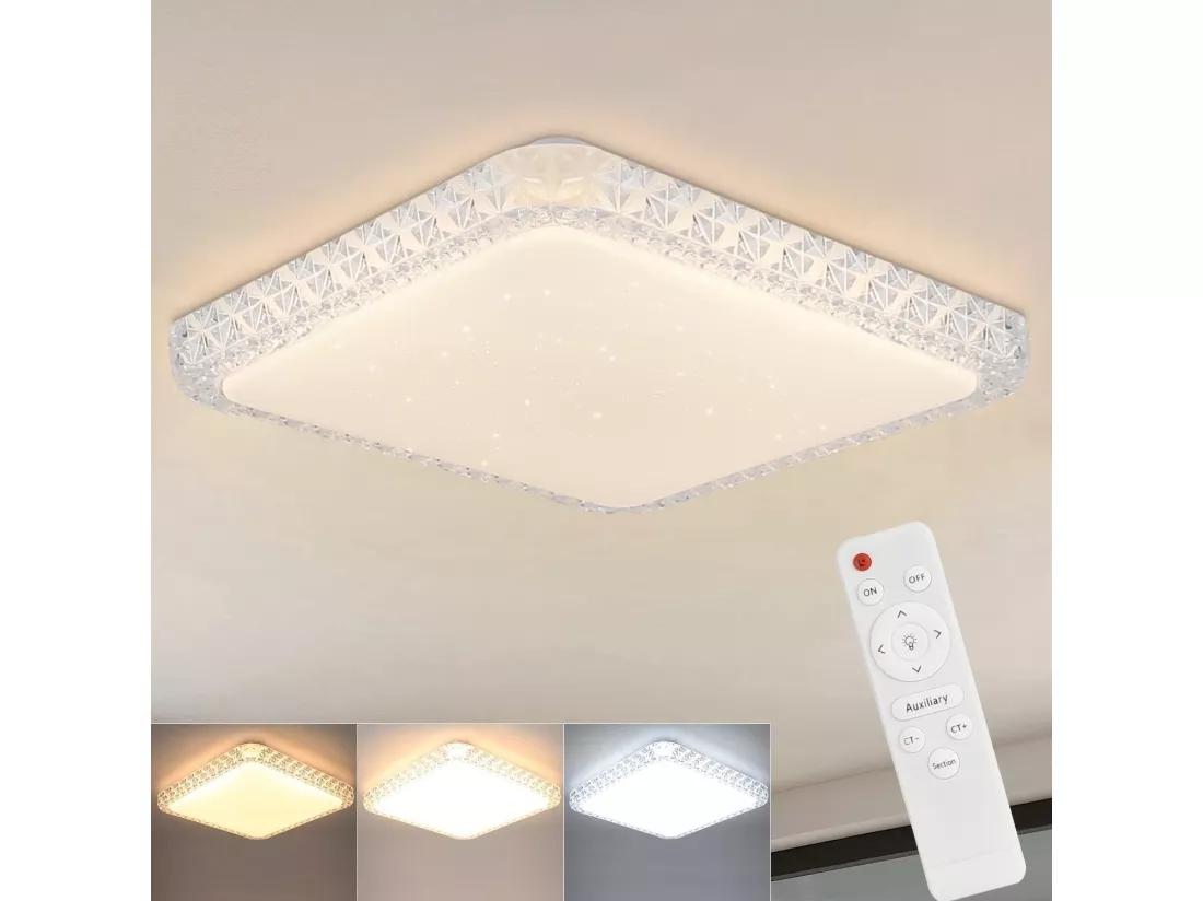 NETTLIFE Plafonnier LED Cuisine Salon Moderne Carré 30CM Cristal Ciel Étoilé Design Dimmable avec Télécommande Blanc Petit pour Salon Couloir Bureau