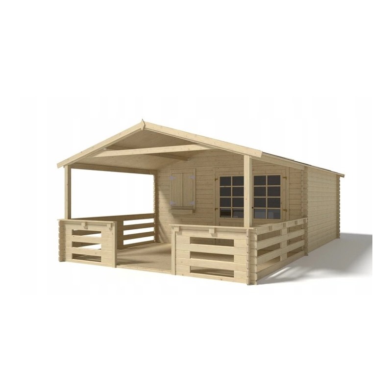 Abri de jardin en bois - 4x4 m - 28 m2 + terrasse avec balustrade et avant-toit en bois