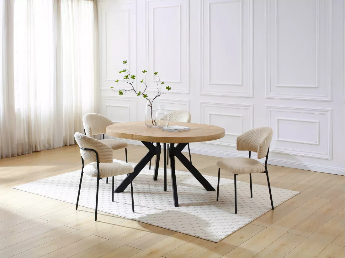 Table à manger extensible 6 à 12 couverts en MDF et acier - Naturel clair et Noir - KOMONI