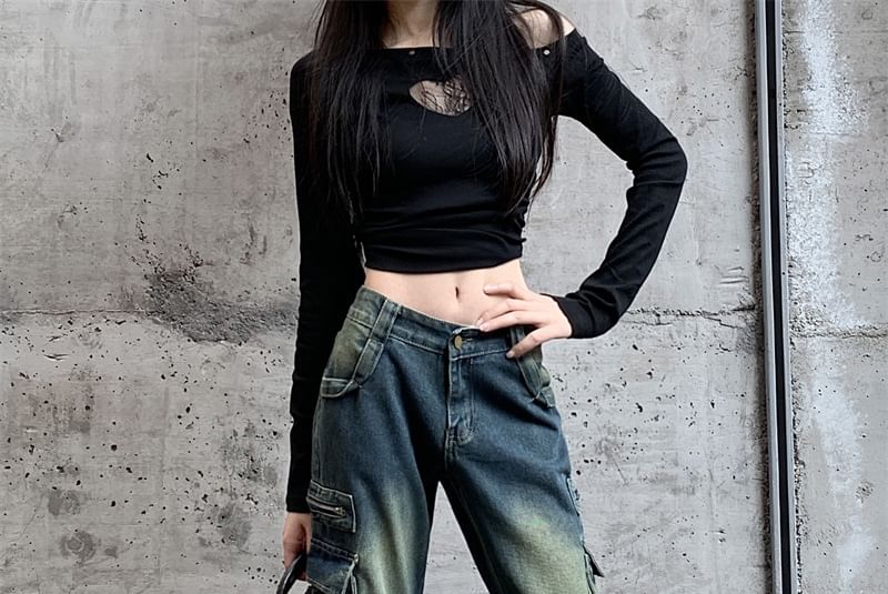 Kenning - High Waist Washed Wide Leg Cargo Jeans