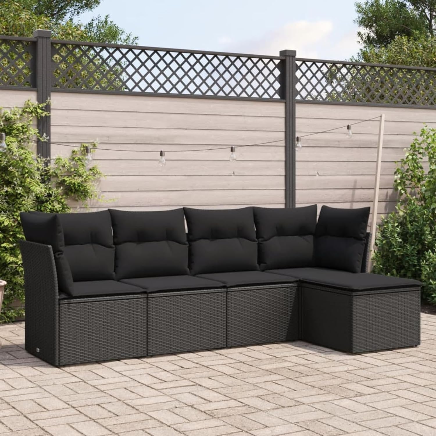 IKAYAA 5-TLG Rattan Gartenmöbel Set, Balkon Lounge, Outdoor Loungemöbel Rattan Sitzlounge Ecklounge Ecksofa Gartensofa Balkonsofa Schwarz Type-55