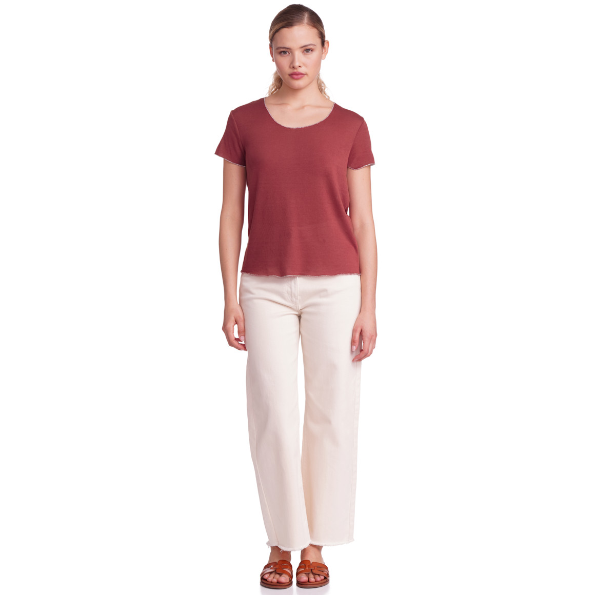Gina Collection Damen T-Shirt mit glänzender Abschlussnaht dunkelrot