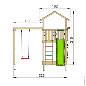 Speeltoestel Jungle Gym Chalet grenen geïmpregneerd met glijbaan groen en 1-schommel module