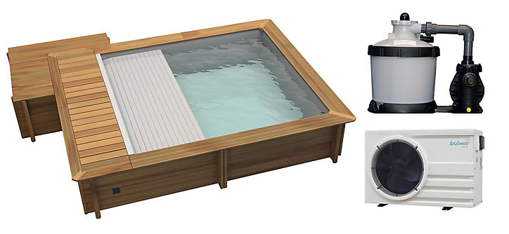 Piscine hors sol urbaine Mypool 4,20 x 3,50 x h.1,33 m + couverture automatique et coffre bois