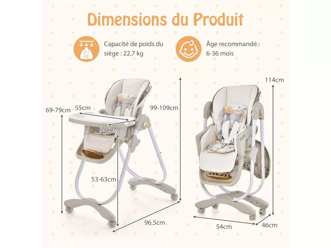 Chaise Haute Bébé Pliable, Chaise d’Alimentation Portable pour Tout-Petits avec Double Plateau, Siège Enfant avec Hauteur/Dossier/Repose-Pieds Réglables, Roue Verrouillable, 6-36 Mois (Gris)