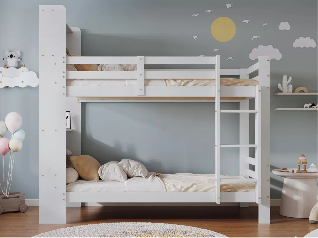Lit superposé avec compartiments et échelle - cadre en pin - 90x200cm - blanc
