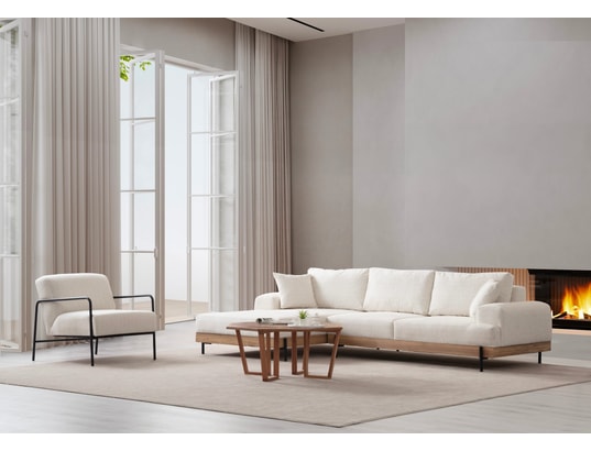 CONCEPT1 - Canapé tissu Eti chêne angle gauche blanc 280 x 98 x h78