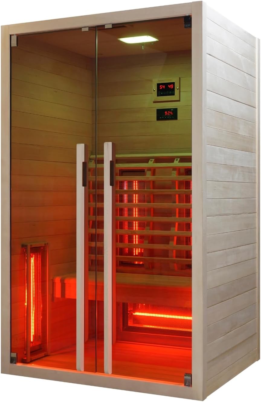 Sanotechnik Infrarotkabine RUBY 2 - für 2 Personen geeignet, inkl Vollspektrumstrahler - 120x100x195 cm - Wärmekabine mit MP3 Player & Bluetooth - LED Beleuchtung (7 Farben) - Infrarot-Sauna