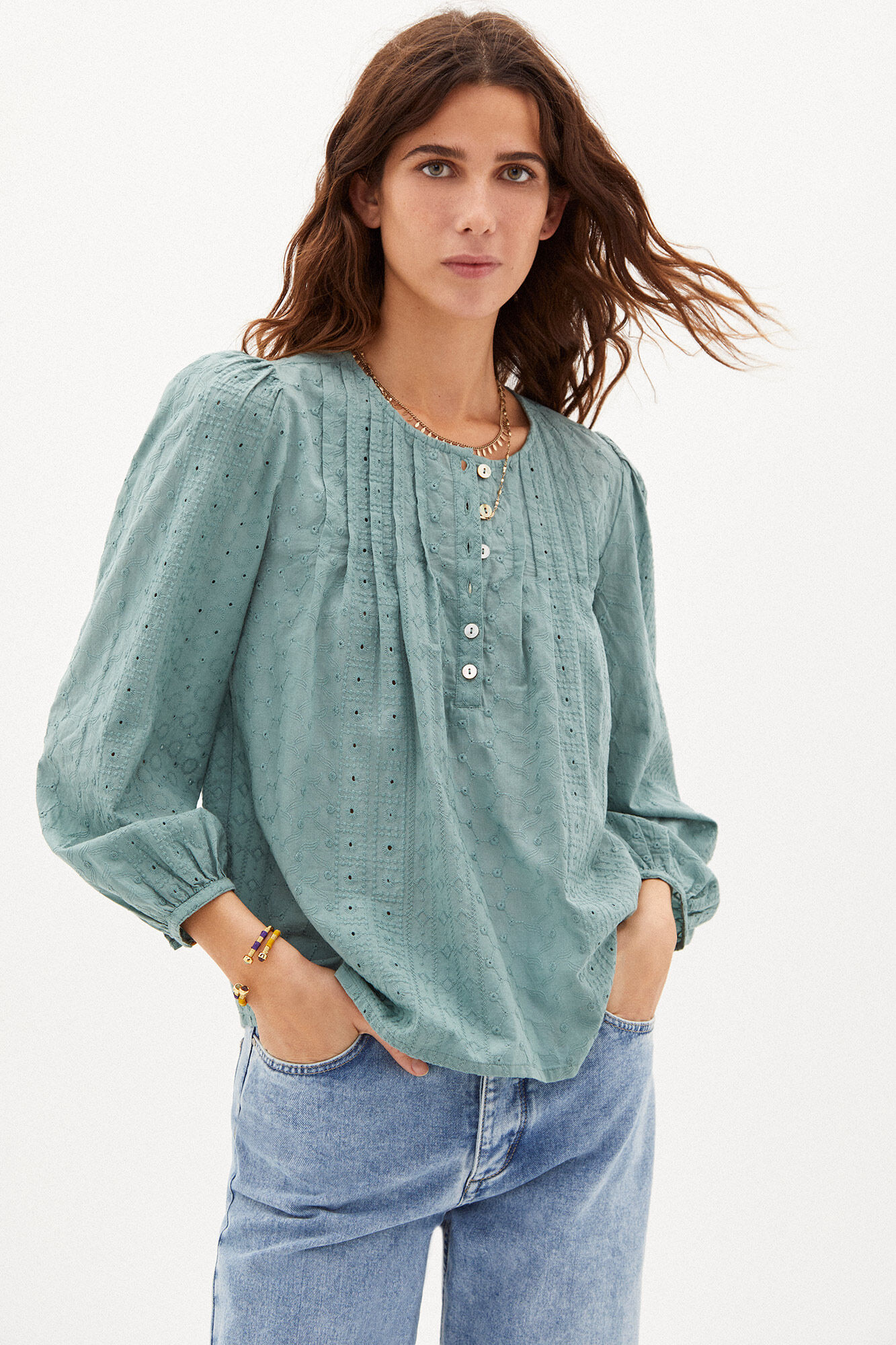 Camisa romântica marrom de algodão - Verde