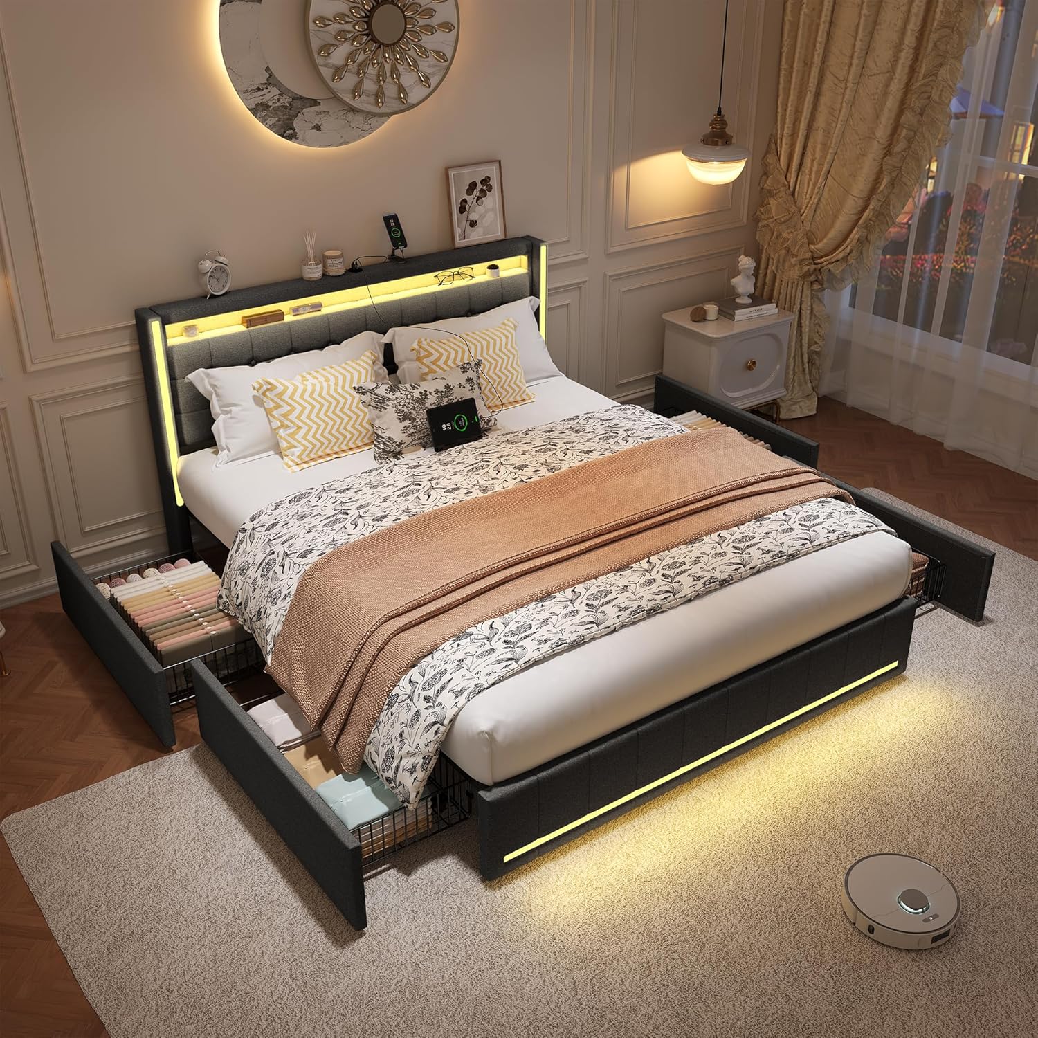 Polsterbett Doppelbett 180x200 cm, Stauraumbett mit 4 Schubladen, Bett 180x200 mit Bettkasten und Lattenrost, LED Kopfteil mit USB Ladestation, Jugendbett Funktionsbett Rückenlehne Bett, Leinen