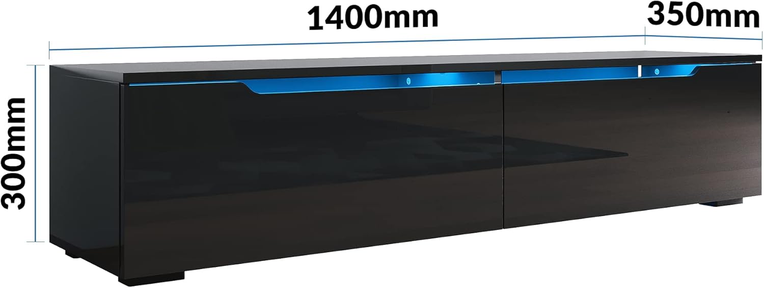 SONNI Lowboard Schwarz, TV Board Hochglanz, TV-Schrank, Fernsehtisch, TV-Regal mit LED Beleuchtung, 12 Farben, Klapptür, Griffloses Design, Zwei Montagemöglichkeiten, 140x35x30cm, GTV009B