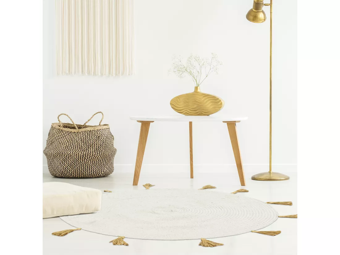 Tapis Rond Coton Pompon Beige 90cm