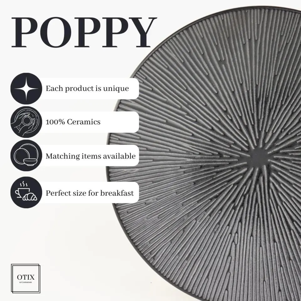 OTIX Dessert Ontbijt Bordenset 12 Persoons Zwart 21cm Keramiek POPPY