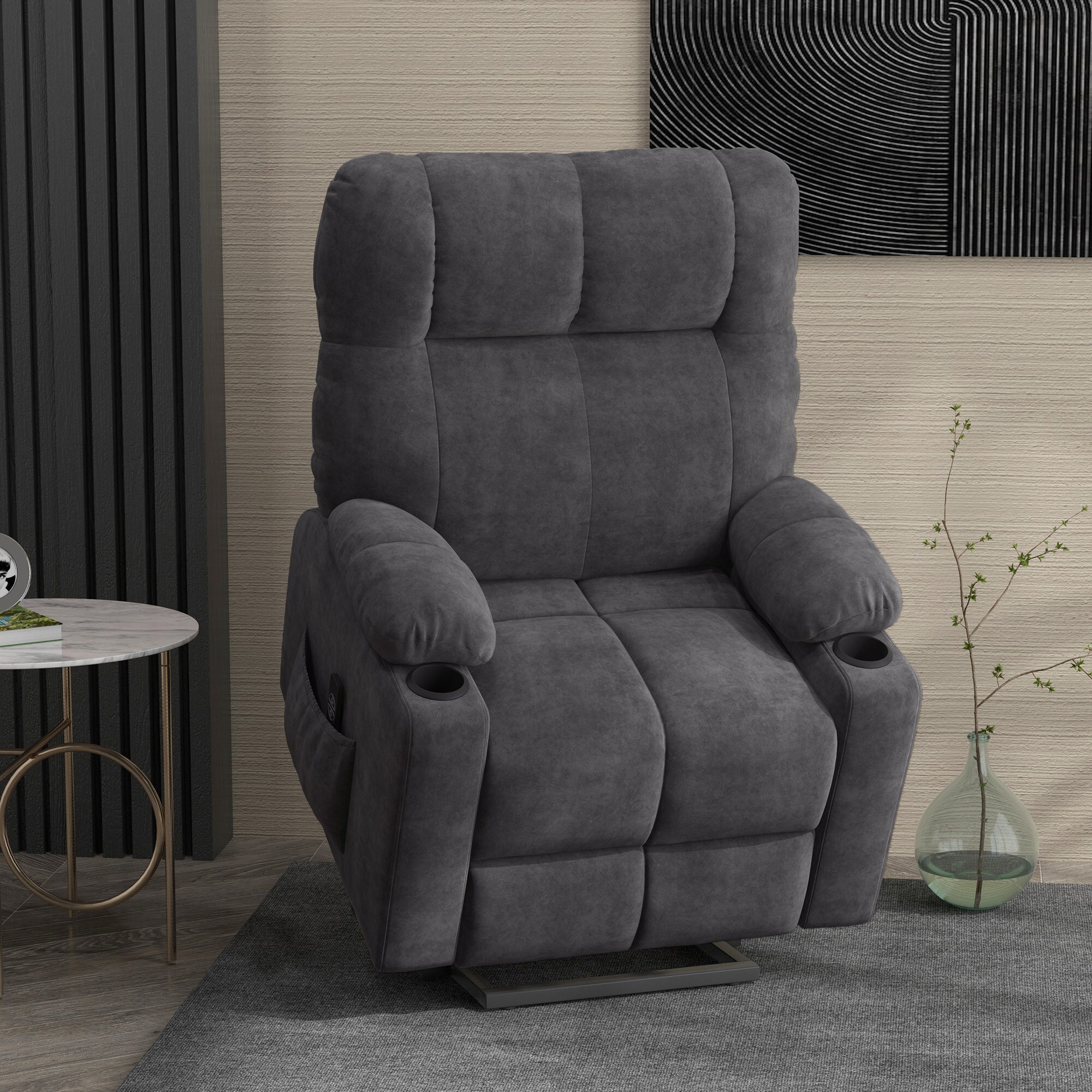 HOMCOM Aufstehsessel mit Liegefunktion und Getränkehaltern grau 91L x 95B x 109H cm