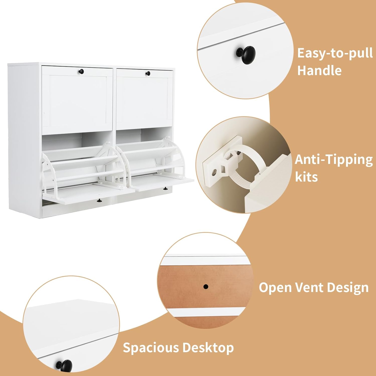 VOWNER Schuhschrank mit 4 Klappen, Schuhschrank Schmal Schuhregal, mit 12 Fächern, Schuhablage Verstellbar, 105 x 30 x 80 cm, Anti-Kipp-Vorrichtung für Eingangsbereich, Flur, (Weiss)
