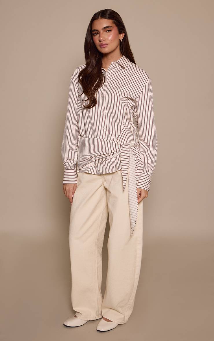 Crème Chemise Oversize À Rayures Avec Taille Nouée