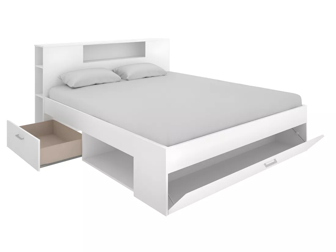 Lit avec tête de lit rangements et tiroirs - 160 x 200 cm - Coloris : Blanc + Sommier - LEANDRE