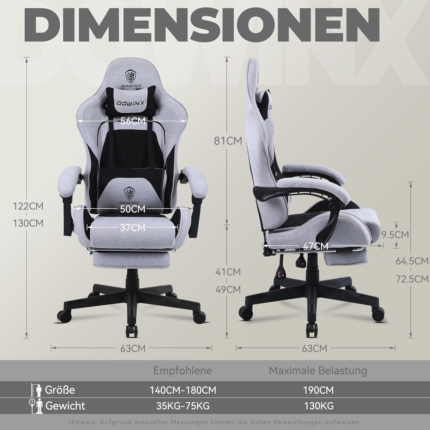 Dowinx Gaming Stuhl Bürostuhl Stoff Tasche Frühling Kissen, Massage Gamer Stuhl Stoff mit Kopfstütze, Ergonomische Bürostuhl mit Fußstütze (Schwarz Grau)