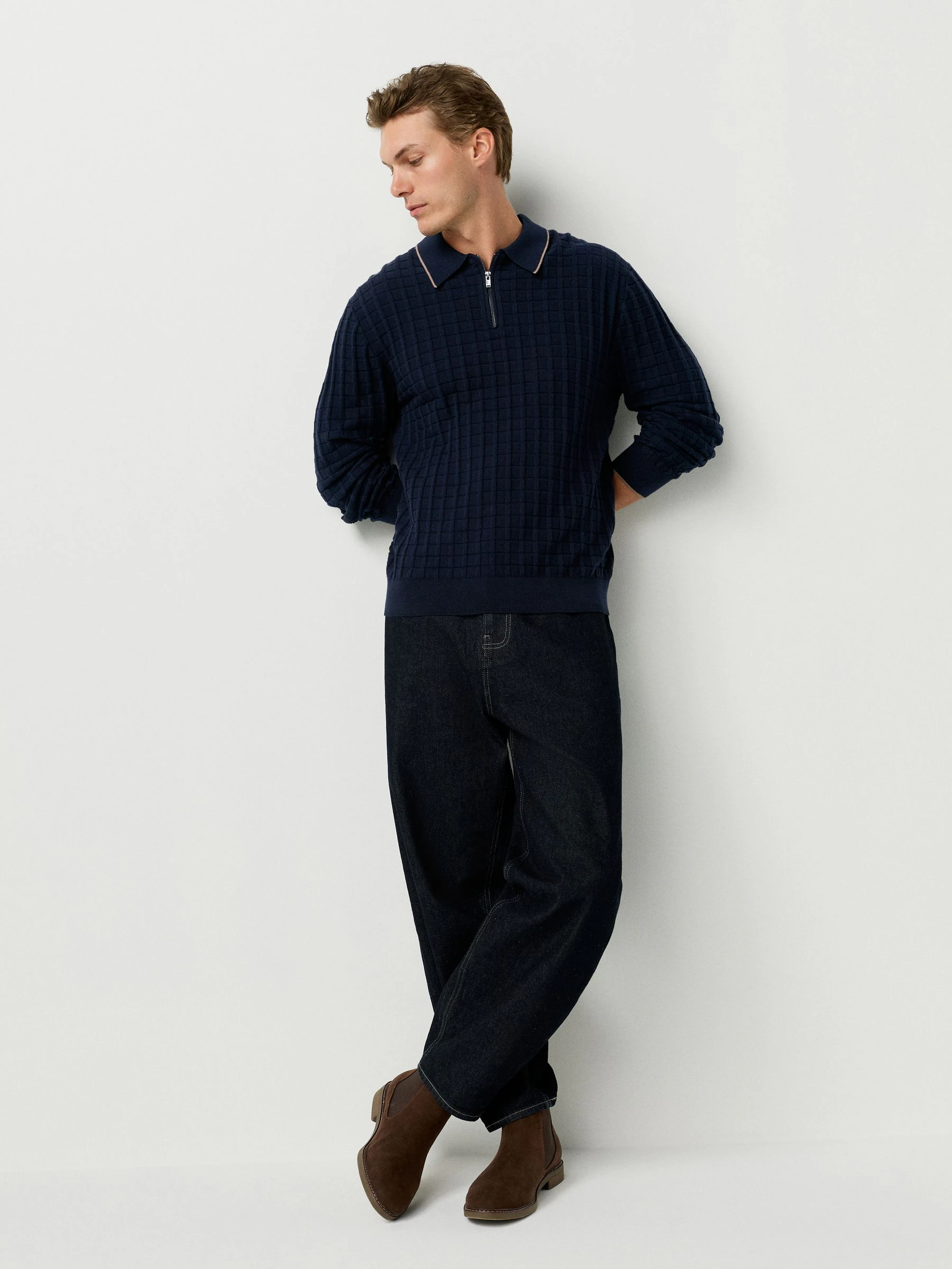 Donkerblauw - Regular Fit gebreid poloshirt met lange mouwen, structuur en kwart ritssluiting