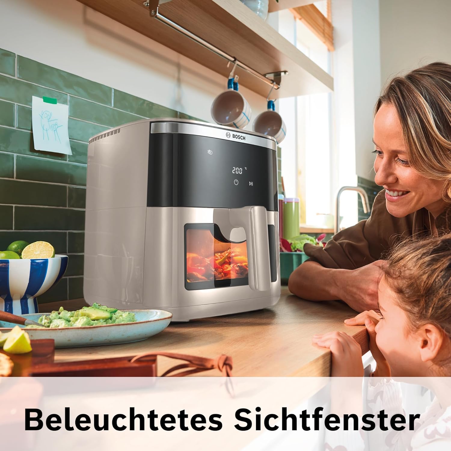 Bosch Heißluftfritteuse Serie 6, XXL Air Fryer, creme, 7,2 L Fassungsvermögen, beleuchtetes Sichtfenster, 7 voreingestellte Programme, bis zu 65% schnelleres Kochen, MAF671C0
