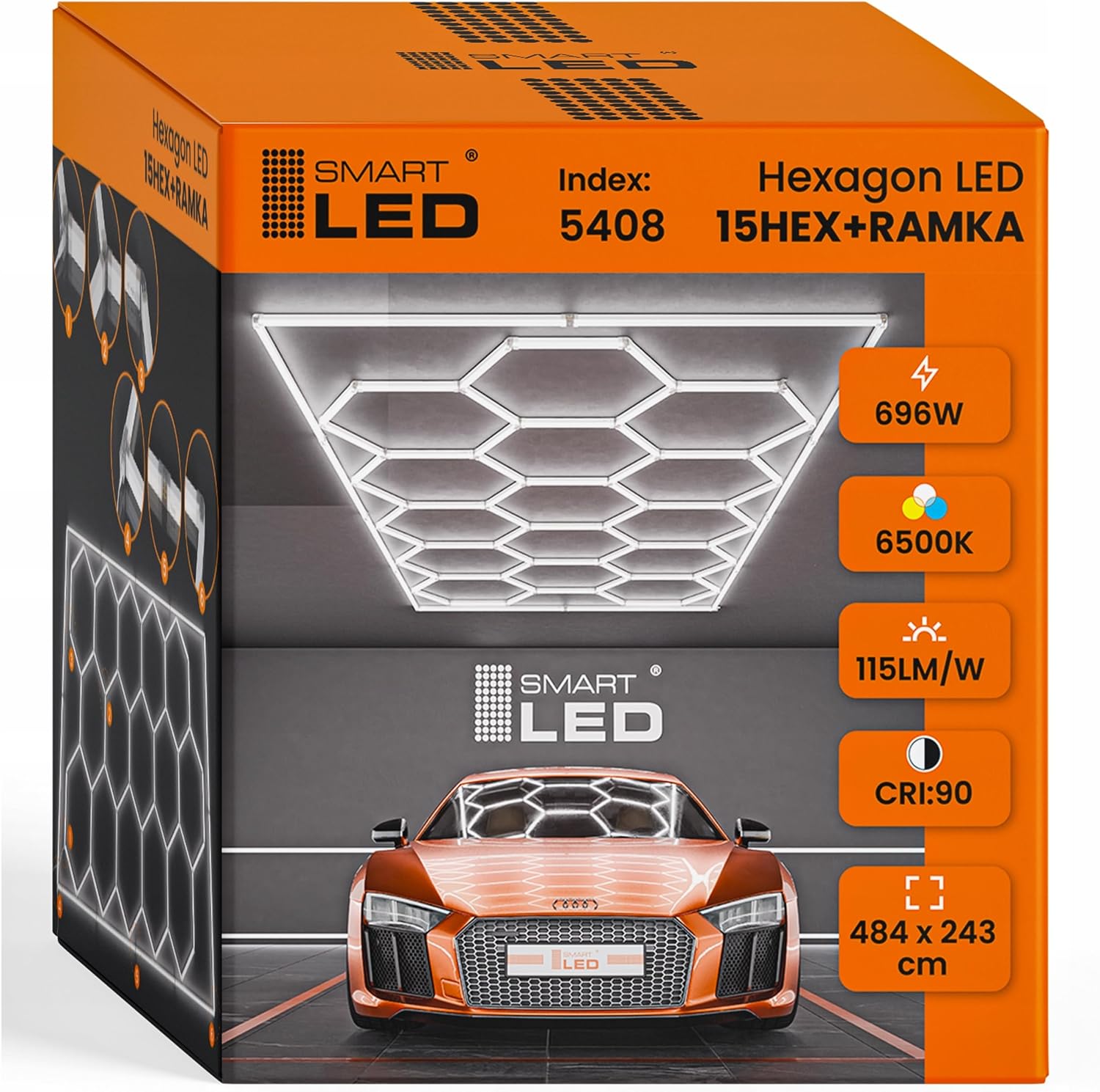 Garagenlampe Hexagon LED 298x209 cm – 15er Set Werkstattbeleuchtung 696W 6500K Kaltweiß – 115LM/W – IP54 – Flimmerfrei – CRI>90 – LED Panel Lichtsystem für Garage, Studio, Detailing, Büro