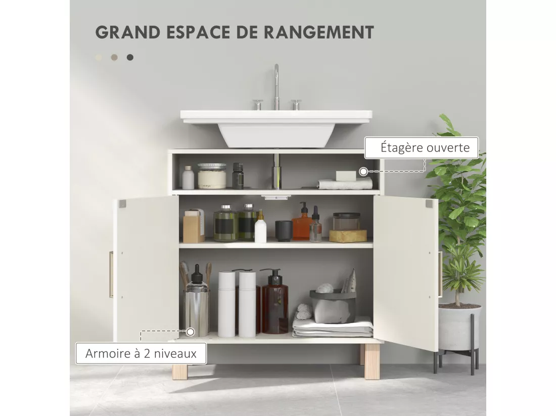 Meuble sous vasque - 2 portes, étagère, niche - MDF crème