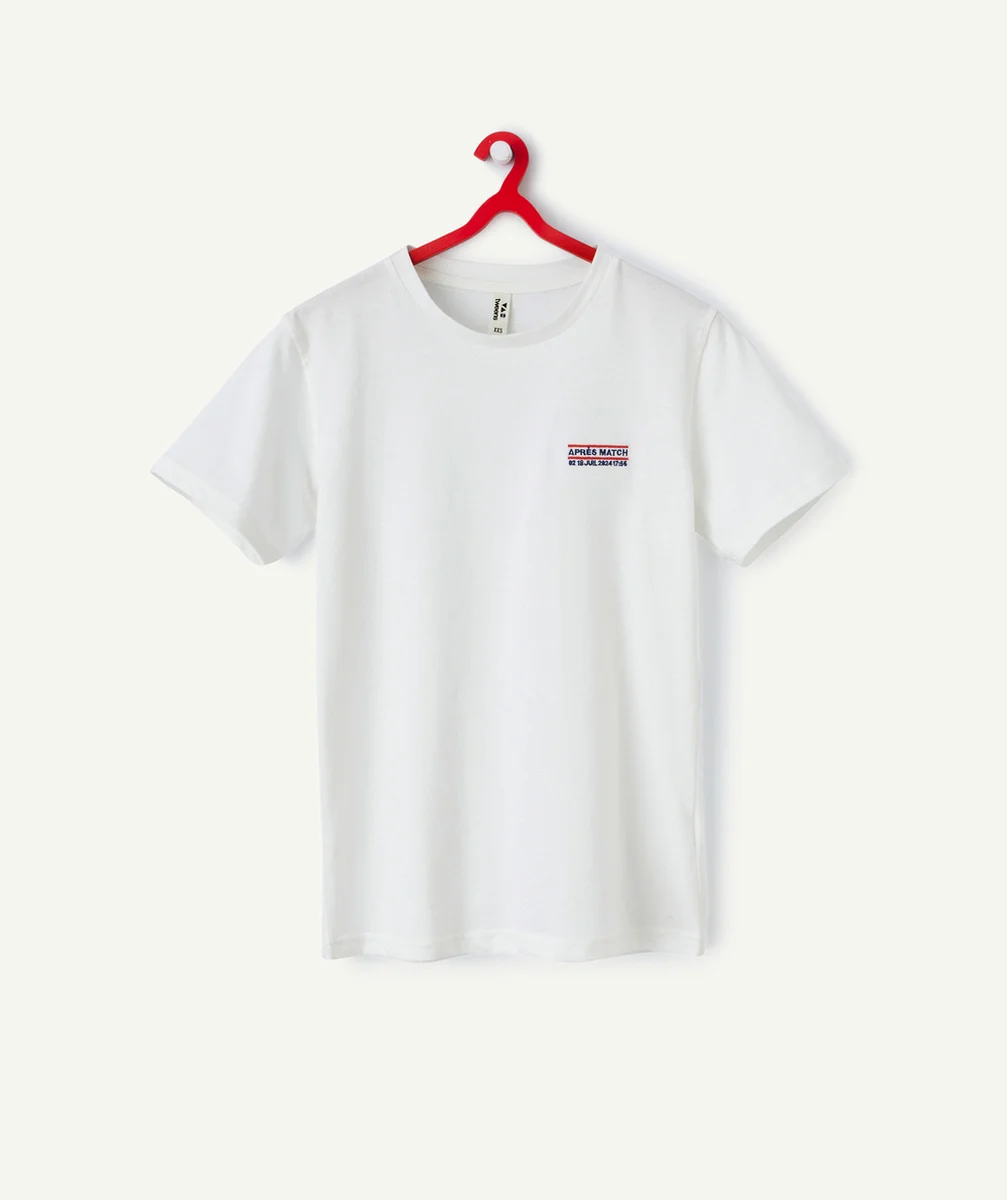 t-shirt garçon en coton biologique blanc avec message match brodé