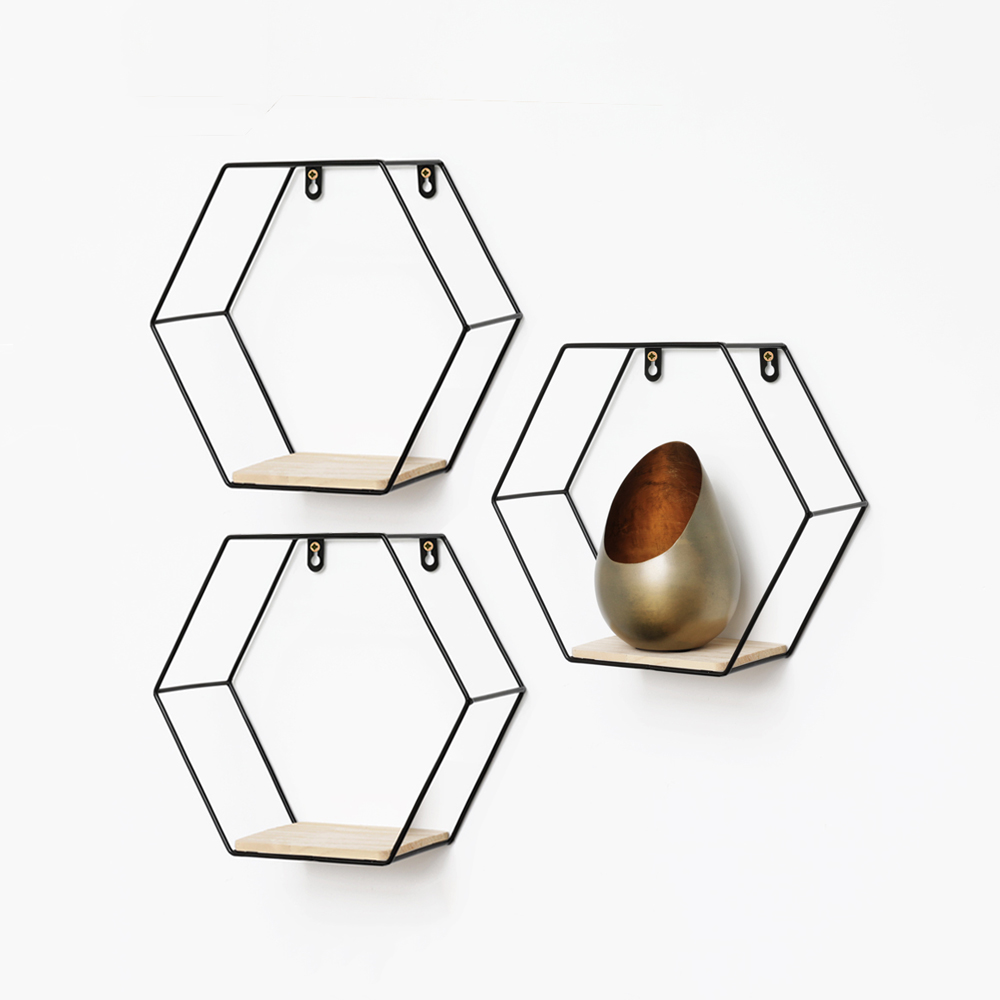 Etagère murale hexagonale en métal - 25x28,5 cm - noir - lot de 3