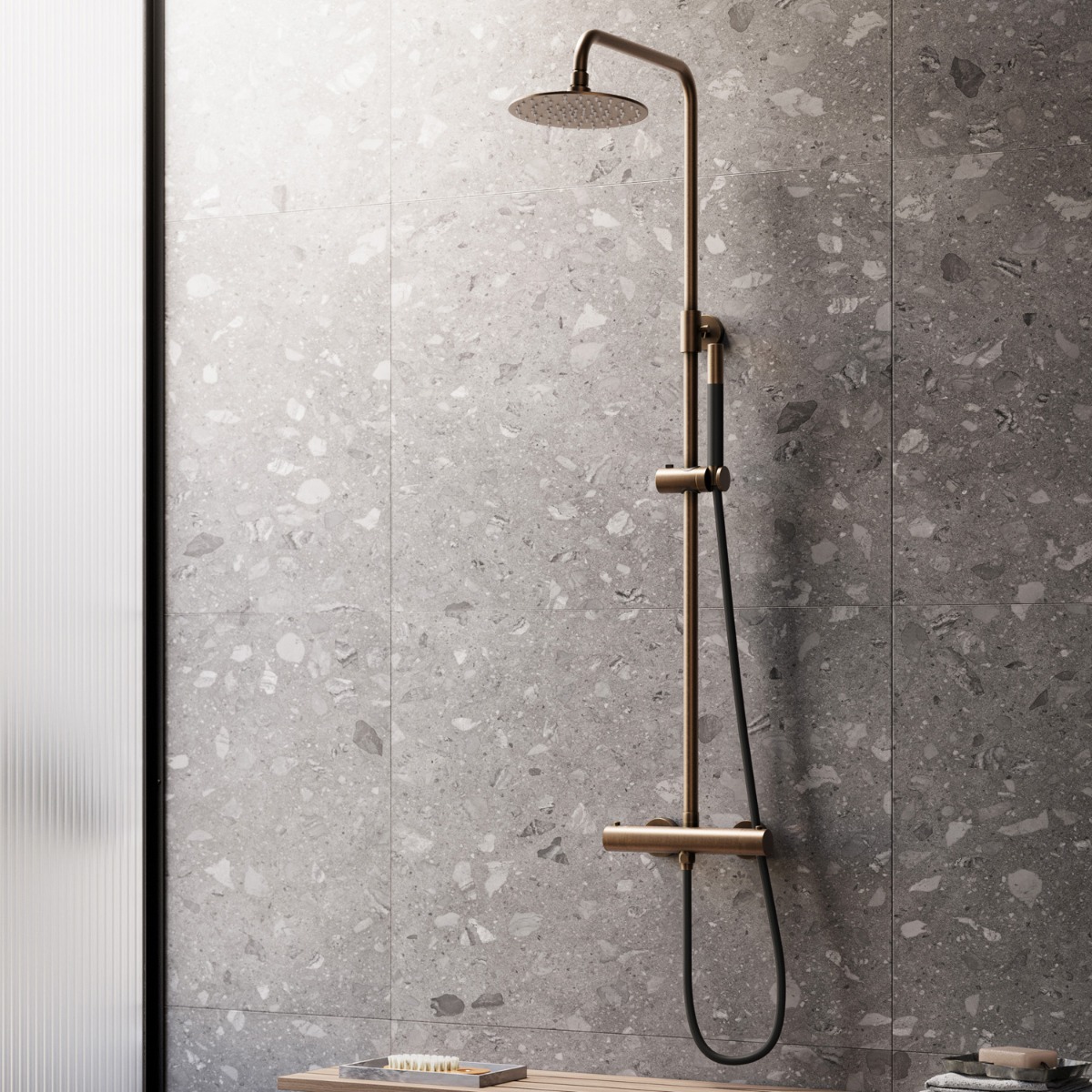 Saniclear Antique Pro opbouw regendouche met 30cm hoofddouche en staafhanddouche verouderd messing
