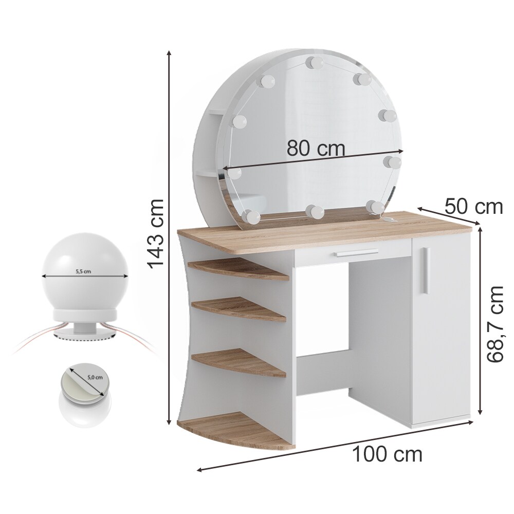 Vicco Schminktisch Frisiertisch Kosmetiktisch Almina Weiß Sonoma Schminkspiegel 100x143 modern LED Beleuchtung Schlafzimmerkommode Schminkkommode Schublade Frisierkommode Make-Up-Tisch